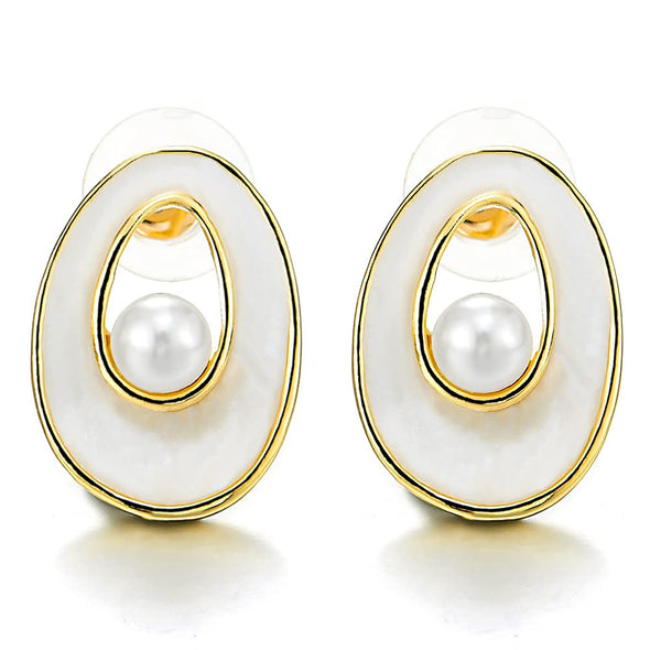 Elegant Gold Color Oval Stud Earrings with Enamel and Pearl - COOLSTEELANDBEYOND Jewelry