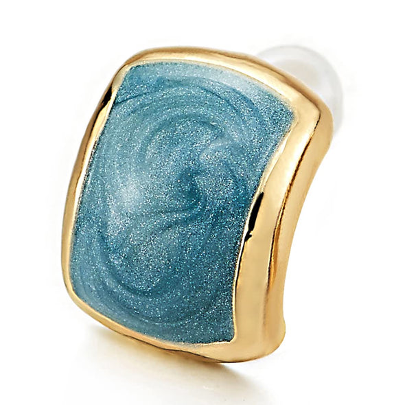 Elegant Gold Color Puff Cushion Stud Earrings with Aqua Blue Enamel - COOLSTEELANDBEYOND Jewelry