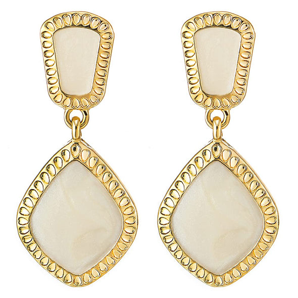 Elegant Gold Color Rhombus Dotted Statement Drop Dangle Stud Earrings with Cream Enamel - COOLSTEELANDBEYOND Jewelry