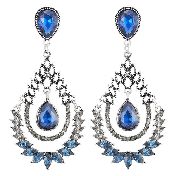 Elegant Navy Blue Marquise Crystal Rhinestone Cluster Teardrop Long Dangle Palace Earrings, Party - COOLSTEELANDBEYOND Jewelry