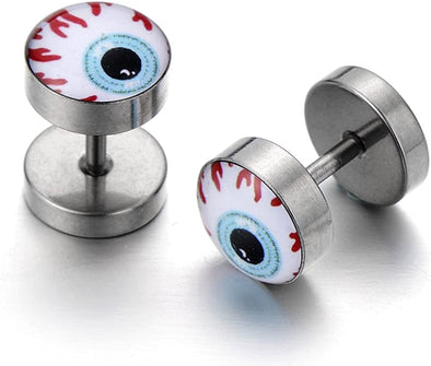 Evil Eye Stud Earrings for Men Women, Stainless Steel Illusion Tunnel Plug Screw Back, 2pcs - COOLSTEELANDBEYOND Jewelry