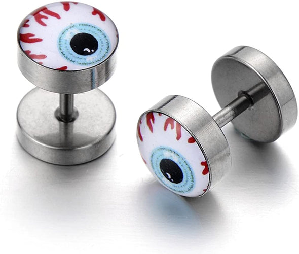 Evil Eye Stud Earrings for Men Women, Stainless Steel Illusion Tunnel Plug Screw Back, 2pcs