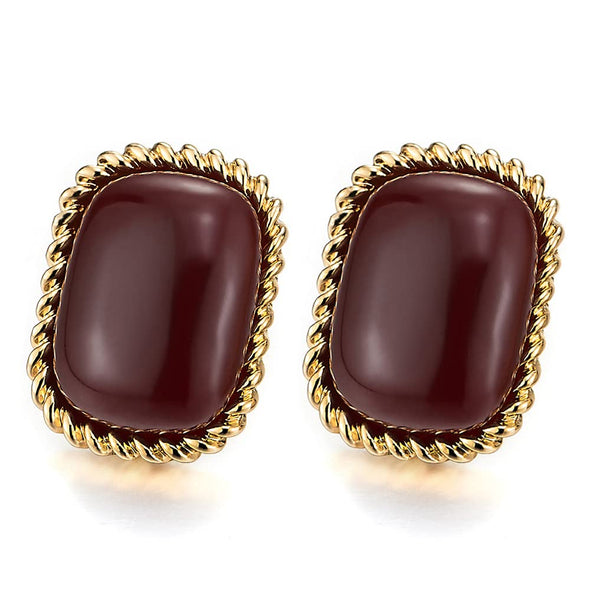 Exquisite Gold Color Twisted Rope Cushion Statement Stud Earrings with Maroon Red Acrylic - COOLSTEELANDBEYOND Jewelry