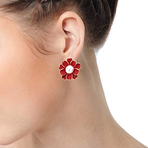 Exquisite Statement Earring, Synthetic Pearl Red Gold Flower Camellia Daisy, Event Party Prom - COOLSTEELANDBEYOND Jewelry