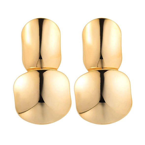 Fashion Gold Color Statement Earrings Double Puff Geometries Link Large Drop Dangle, High Polished - COOLSTEELANDBEYOND Jewelry