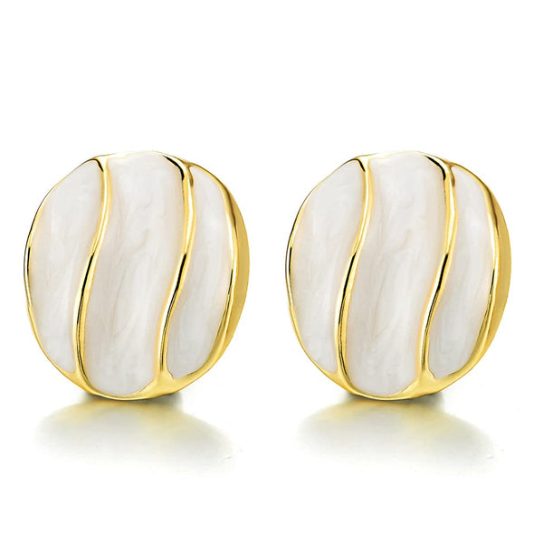 Fashion Style Gold Color Irregular Grooved Wavy Oval Stud Earrings with White Enamel - COOLSTEELANDBEYOND Jewelry