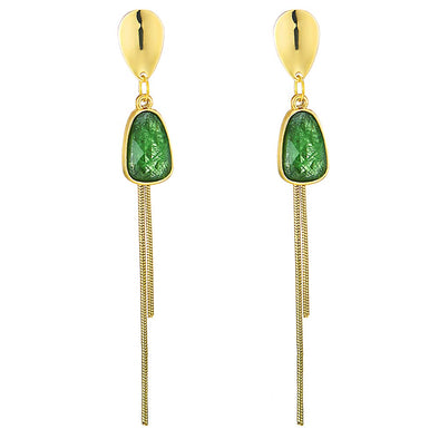 Fashion Style Gold Color Tear drop Link Chain Statement Drop Dangle Stud Earrings Green Crystals - COOLSTEELANDBEYOND Jewelry