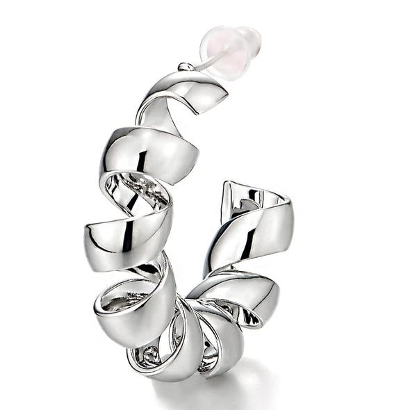 Fashion Style Half Twisted Ribbon Statement Hoop Huggie Hinged Stud Earrings Open - COOLSTEELANDBEYOND Jewelry