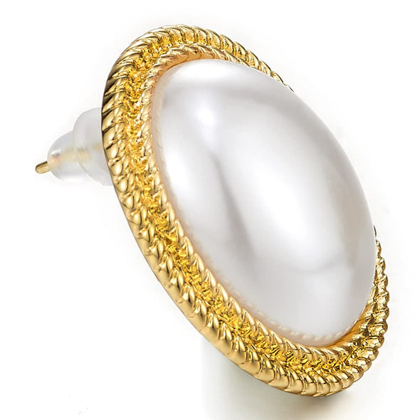 Glamorous Gold Color Oval Twisted Rope Statement Stud Earrings with Pearl Banquet Party