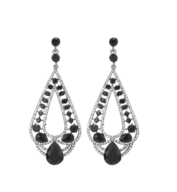 Glamour Black White Crystal Rhinestone Cluster Teardrop Statement Earrings, Dress Banquet - COOLSTEELANDBEYOND Jewelry