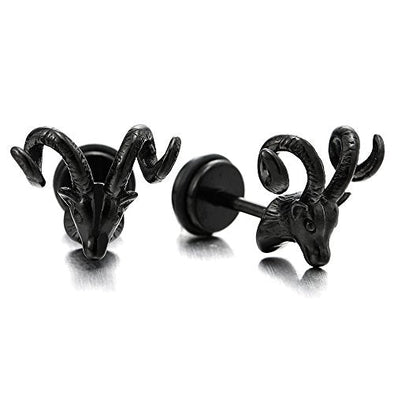 Mens Womens Goat Horn Stud Earrings in Stainless Steel, Screw Back, 2 pcs - coolsteelandbeyond