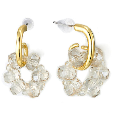 Gold Color Flower Statement Hoop Huggie Hinged Stud Earrings with Circle of Champagne Crystals - COOLSTEELANDBEYOND Jewelry