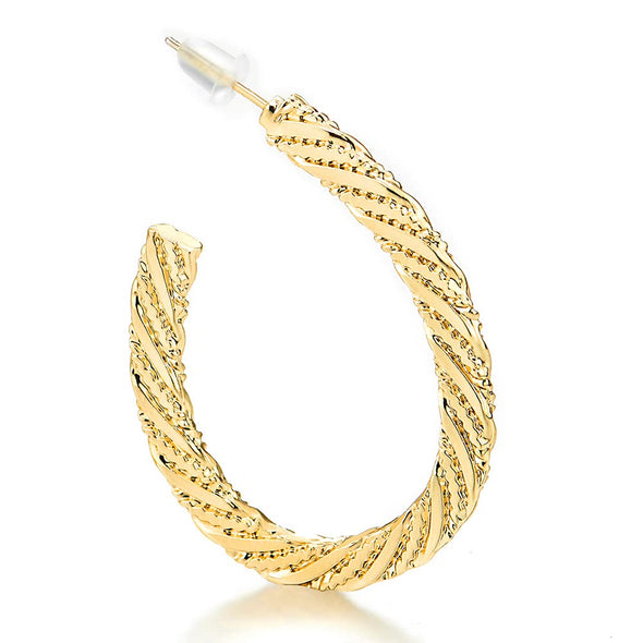 Gold Color Grooved Twisted Rope Oval Hoop Huggie Hinged Stud Earrings Large - COOLSTEELANDBEYOND Jewelry