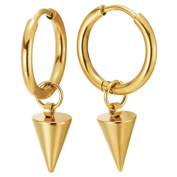 Gold Color Huggie Hinged Earrings with Dangling Spiked Cone, Mens Womens, Stainless Steel, 2pcs - coolsteelandbeyond