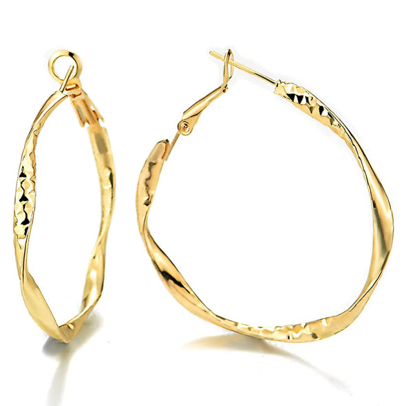 Gold Color Large Twisted Textured Circles Hoop Huggie Hinged Stud Earrings - COOLSTEELANDBEYOND Jewelry
