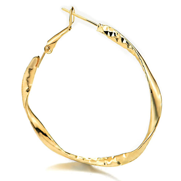Gold Color Large Twisted Textured Circles Hoop Huggie Hinged Stud Earrings - COOLSTEELANDBEYOND Jewelry