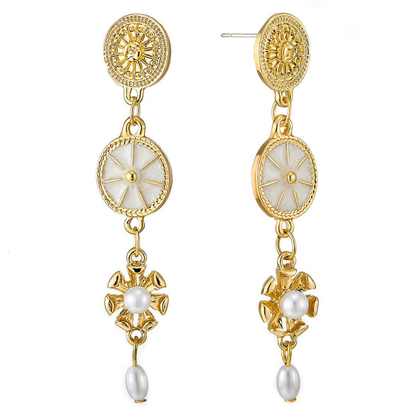 Gold Color Marine Wheel Circle Firework Flower Long Drop Dangle Stud Earrings with Pearl and Enamel - COOLSTEELANDBEYOND Jewelry