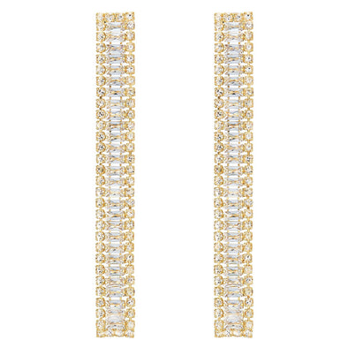 Gold Color Rhinestone Cluster Long Chain Tassel Dangle Statement Earrings, Sparkling, Wedding Bridal - COOLSTEELANDBEYOND Jewelry