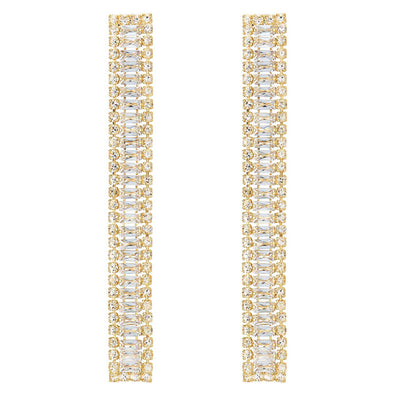 Gold Color Rhinestone Cluster Long Chain Tassel Dangle Statement Earrings, Sparkling, Wedding Bridal - COOLSTEELANDBEYOND Jewelry