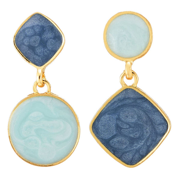 Gold Color Rhombus Circle Asymmetrical Statement Drop Dangle Stud Earrings with Blue Enamel - COOLSTEELANDBEYOND Jewelry