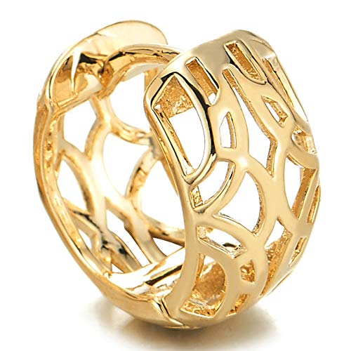 Gold Color Statement Earrings Grid Hollow Filigree Circle Huggie Hinged Hoop, Beautiful, Prom Dress - COOLSTEELANDBEYOND Jewelry