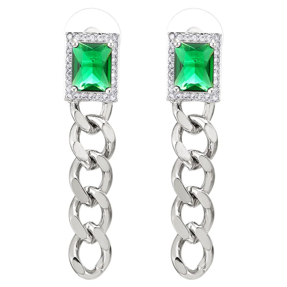 Hipster Rectangle Cuban Curb Chain Statement Drop Dangle Stud Earrings with Emerald Green Crystals - COOLSTEELANDBEYOND Jewelry