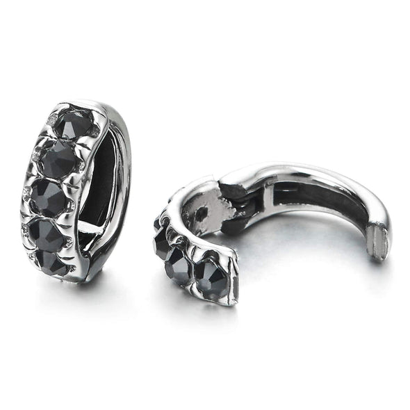 Huggie Hinged Hoop Earrings Black Cubic Zirconia, Steel Non-Piercing Clip On Earrings Men Women