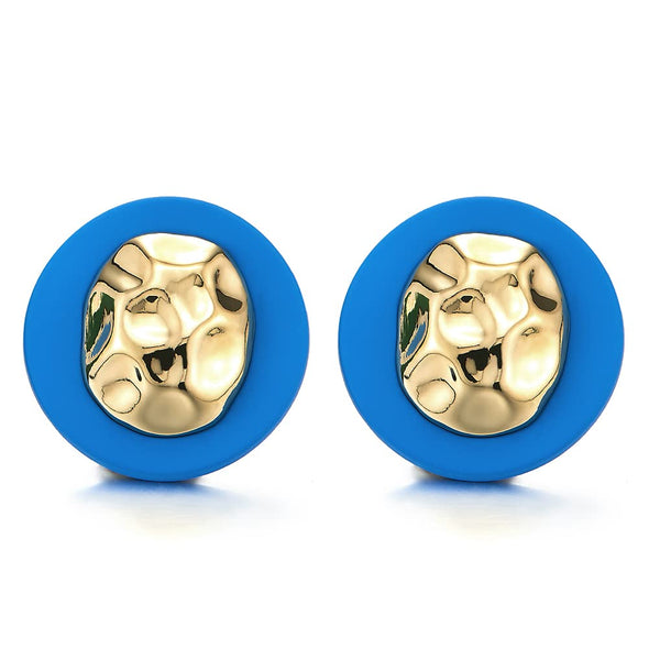 Large Blue Gold Circle Irregular Convex Oval Statement Stud Earrings