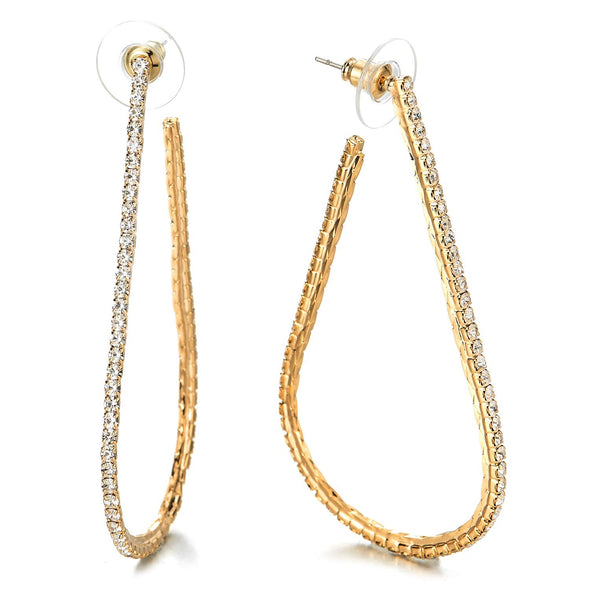 Large Gold Color Teardrop Statement Huggie Hinged Hoop Earrings with Rhinestones Fashion Bridal Prom - COOLSTEELANDBEYOND Jewelry