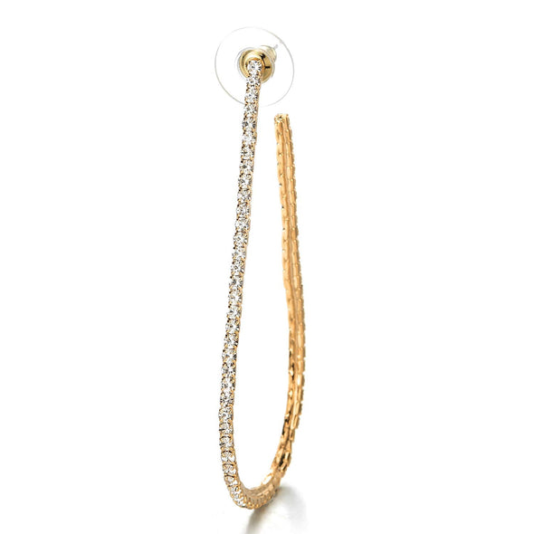 Large Gold Color Teardrop Statement Huggie Hinged Hoop Earrings with Rhinestones Fashion Bridal Prom - COOLSTEELANDBEYOND Jewelry
