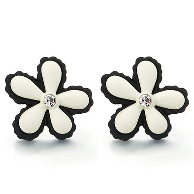 Lovely Black White Flower Statement Stud Earrings with Cubic Zirconia - COOLSTEELANDBEYOND Jewelry