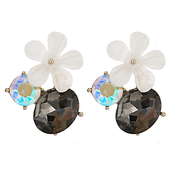 Lovely Gold Color White Acrylic Flower Stud Earrings with Crystals - COOLSTEELANDBEYOND Jewelry