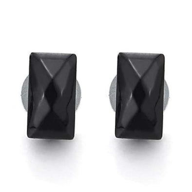 Magnetic Black Faceted Rectangle Stud Earrings, Non-Piercing Clip On Fake Plugs - coolsteelandbeyond