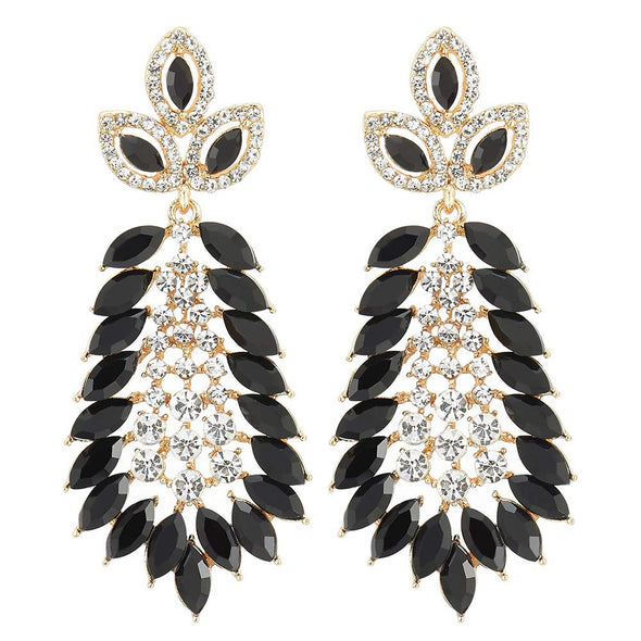 Marquise Black Crystal Rhinestone Cluster Leaf Long Dangle Statement Gold Color Earrings, Party Prom - COOLSTEELANDBEYOND Jewelry