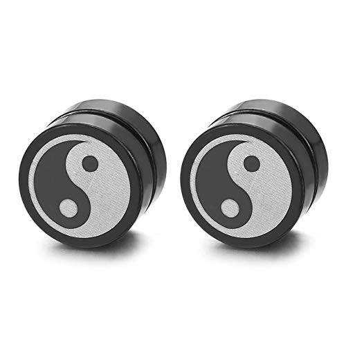 Men 10MM Magnetic Silver Black Circle Yin Yang Stud Earring Non-Piercing Clip On Fake Ear Plug - coolsteelandbeyond