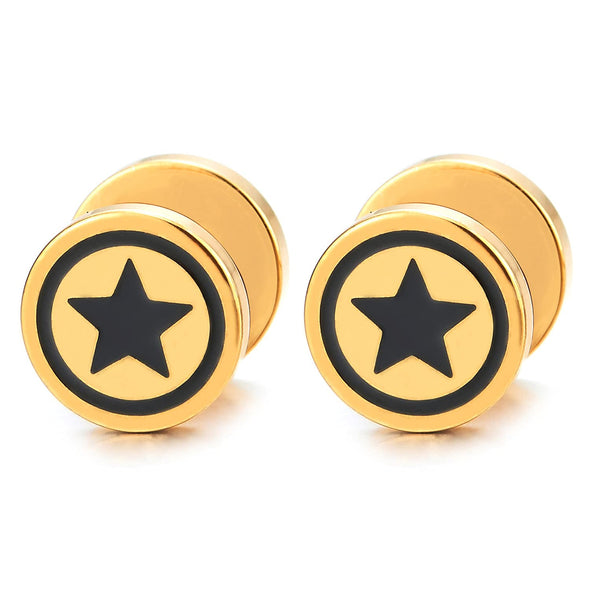 Men Women Gold Circle Star Stud Earring Black Enamel, Steel Cheater Fake Ear Plugs Gauges Illusion - COOLSTEELANDBEYOND Jewelry