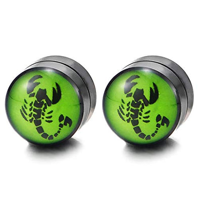 Men Women Magnetic Black Green Circle Stud Earring with Scorpion Non-Piercing Clip On Fake Ear Plug - coolsteelandbeyond