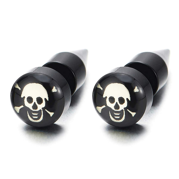 Men Women Pirate Skull Black Circle Stud Earrings, Steel Cheater Fake Plug Gauges, Spiked Screw Back