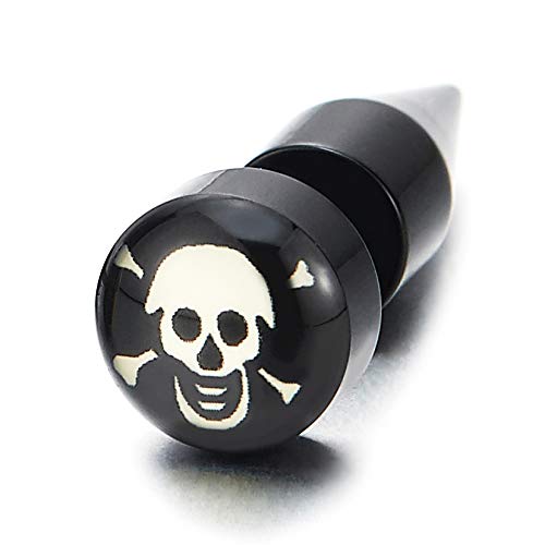 Men Women Pirate Skull Black Circle Stud Earrings, Steel Cheater Fake Plug Gauges, Spiked Screw Back