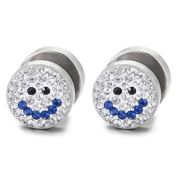 Men Women Smiling Face Circle Stud Earrings Black White Blue CZ, Steel Cheater Fake Ear Plugs Gauges - COOLSTEELANDBEYOND Jewelry