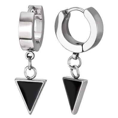 Men Women Stainless Steel Huggie Hinged Earrings Dangling Inverted Triangle with Black Enamel, 2pcs - COOLSTEELANDBEYOND Jewelry