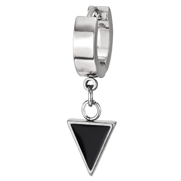 Men Women Stainless Steel Huggie Hinged Earrings Dangling Inverted Triangle with Black Enamel, 2pcs - COOLSTEELANDBEYOND Jewelry