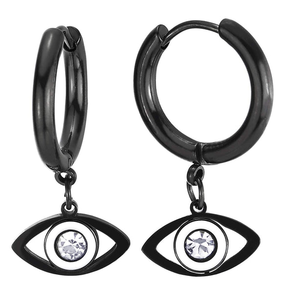 Men Women Steel Black Circle Huggie Hinged Hoop Earrings, Dangling Evil Eye with CZ and White Enamel