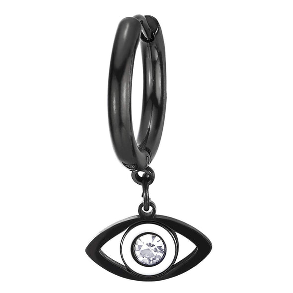 Men Women Steel Black Circle Huggie Hinged Hoop Earrings, Dangling Evil Eye with CZ and White Enamel