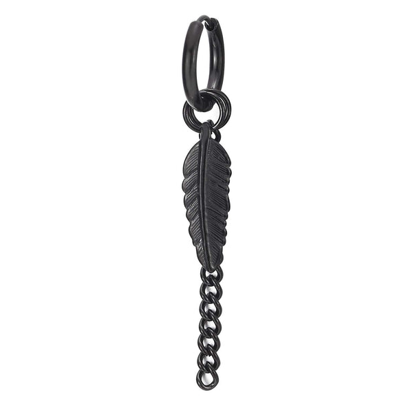 Men Women Steel Circle Huggie Hinged Hoop Earrings with Dangling Long Curb Chain Feather, 2pcs - COOLSTEELANDBEYOND Jewelry