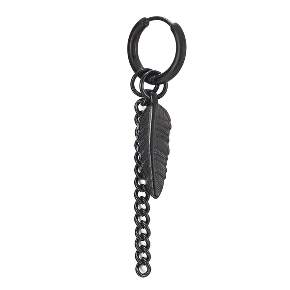 Men Women Steel Circle Huggie Hinged Hoop Earrings with Dangling Long Curb Chain Feather, 2pcs - COOLSTEELANDBEYOND Jewelry
