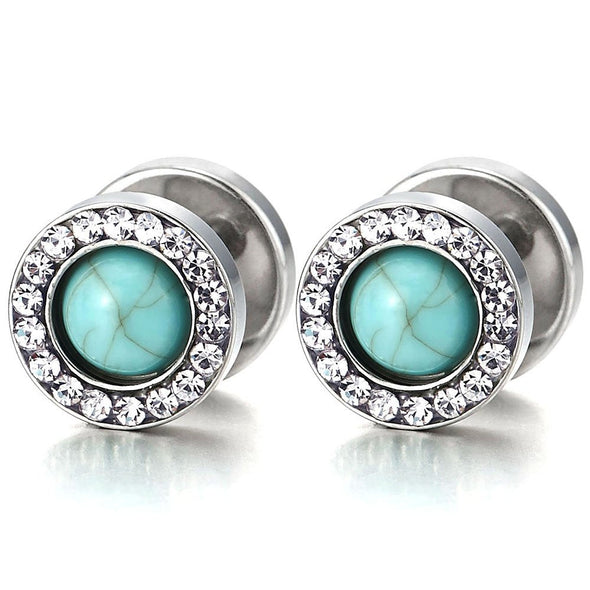 Men Women Steel Stud Earring, Illusion Tunnel Plugs Gauges, Blue Synthetic Turquoise and CZ, 2pcs - COOLSTEELANDBEYOND Jewelry