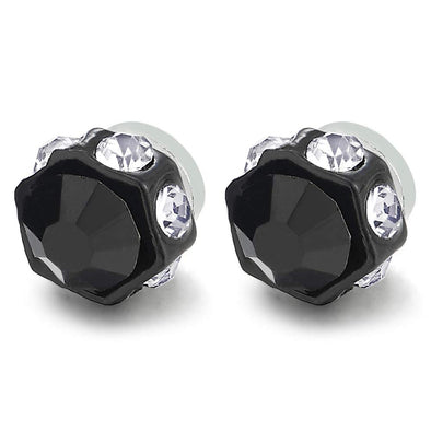 Men Womens Magnetic Black Hexagon Stud Earring with Black White CZ, Non-Piercing Clip On Fake Gauges - coolsteelandbeyond
