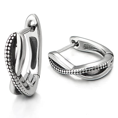 Men Womens Stainless Steel Horseshoe U-shape Dotted Braid Huggie Hinged Hoop Earrings - COOLSTEELANDBEYOND Jewelry