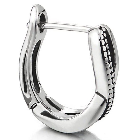 Men Womens Stainless Steel Horseshoe U-shape Dotted Braid Huggie Hinged Hoop Earrings - COOLSTEELANDBEYOND Jewelry